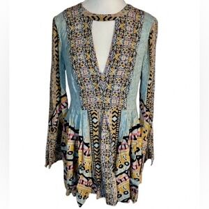 Mini Dress Free People Tegan Boho Aqua Floral Babydoll  Designer Size 6 Small